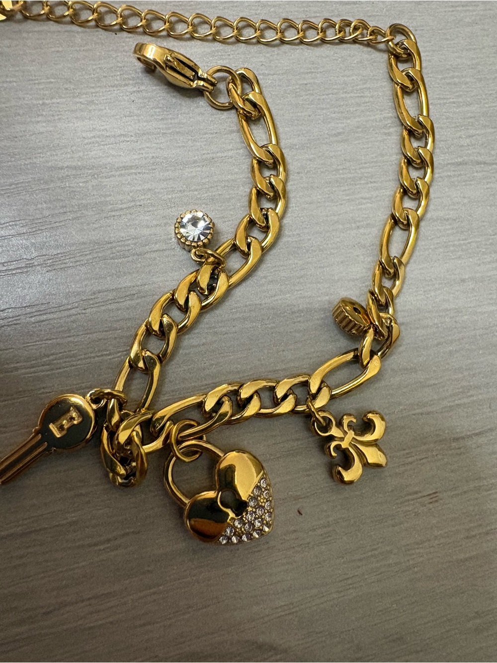 Gold Heart Lock Charm Ankle Bracelet (or bracelet) with Key & Fleur-de-Lis‎